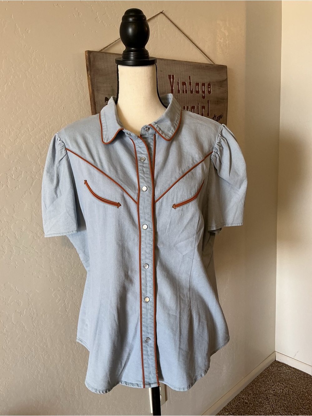 Lucky & Blessed Light Blue Short Sleeve Shirt with Brown Piping